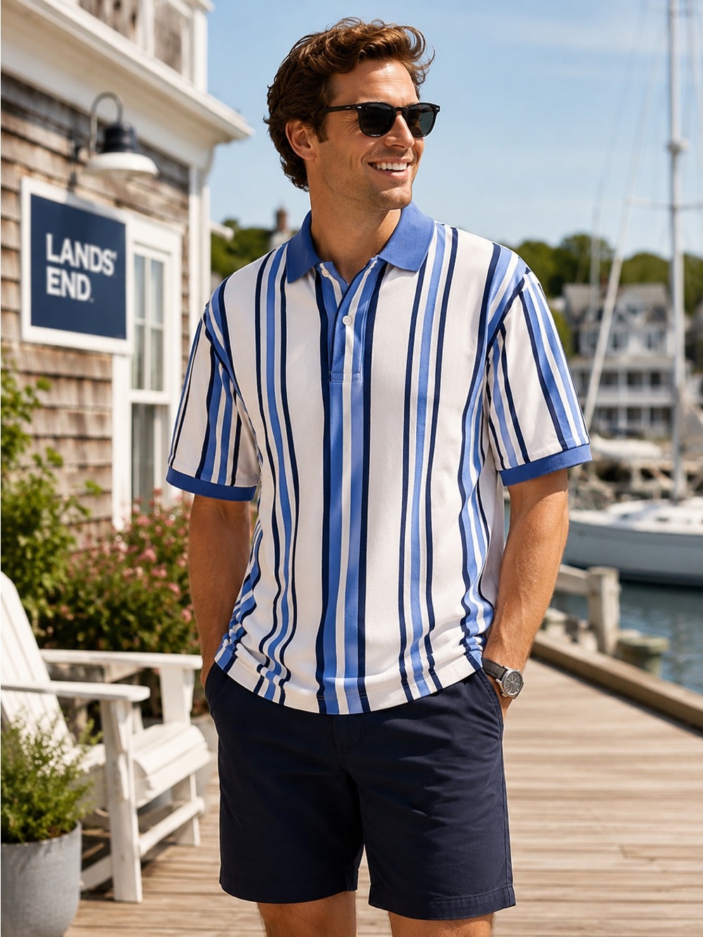 Y2K Lands’ End Traditional Fit Polo Shirt Men’s Large Blue White Striped Coastal